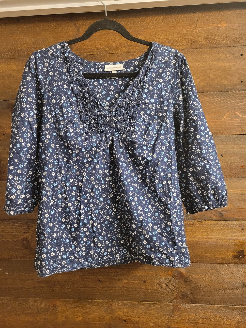 Fashion Bug Navy Blue Floral Smocked Scoop-Neck Tunic
